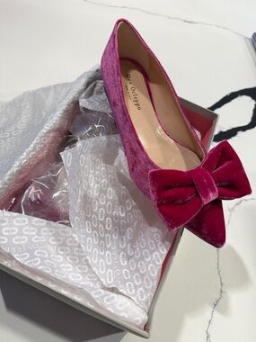 De Coleppo Women's Velvet Pointed-Toe Bow Flats in Fuchsia